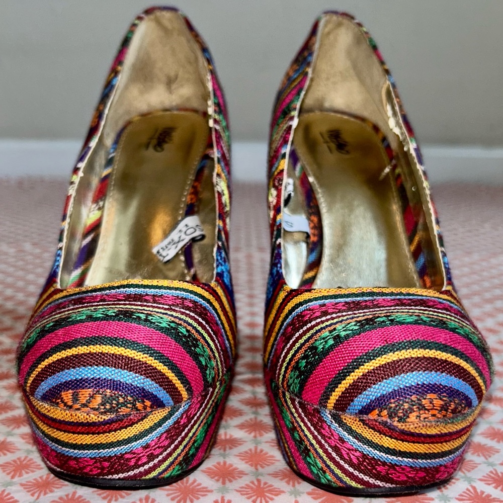 Mossimo multicolor textile Baja pattern wedge platform heels women’s size 8.5 - Picture 9 of 11